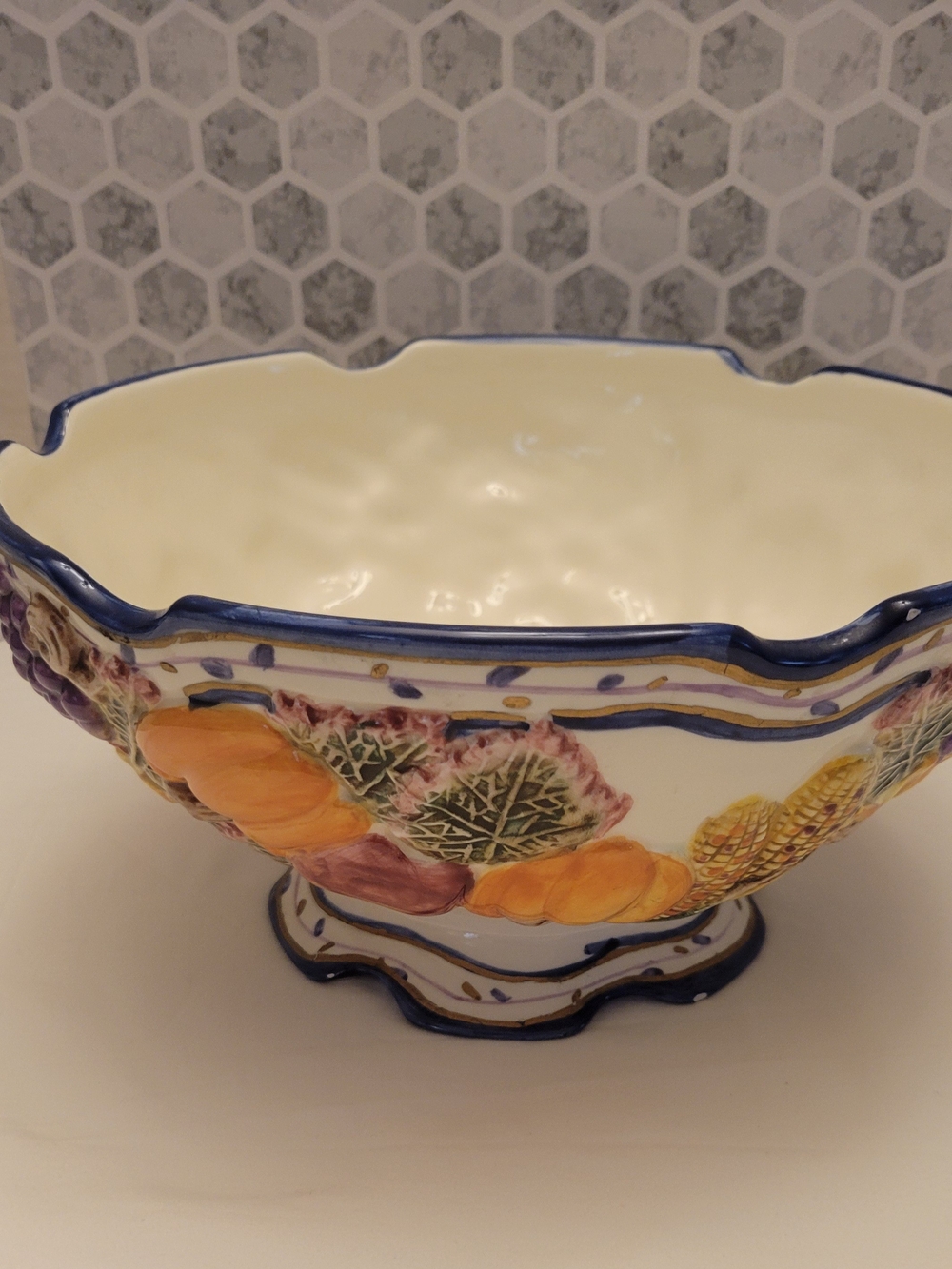 Hand-Painted Ceramic Fruit Bowl with Blue Trim